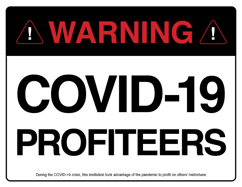 Foto von ‘Warning: COVID-19 Profiteers’ Vorderseite